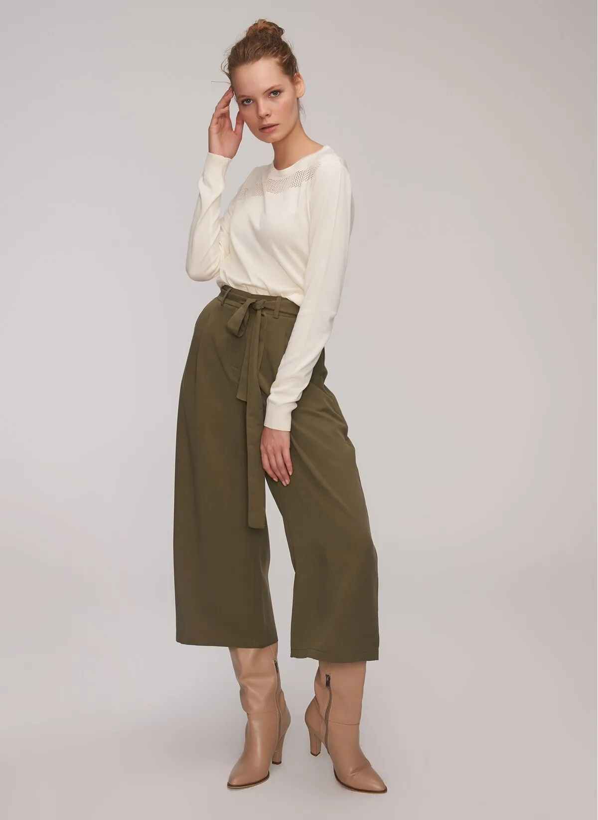 13809 Khaki Tencel Culotte Pants