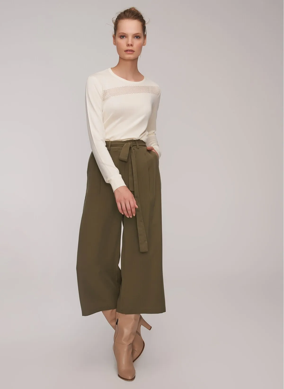 13809 Khaki Tencel Culotte Pants