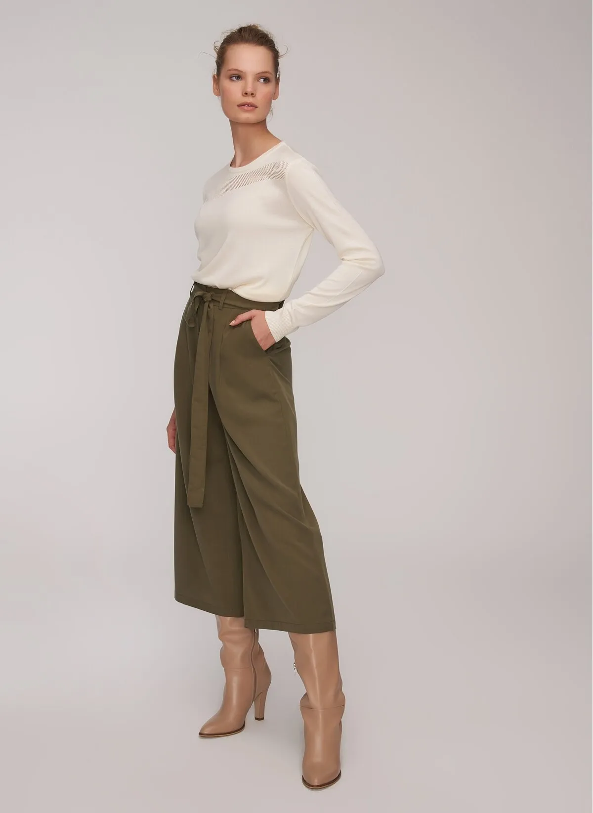 13809 Khaki Tencel Culotte Pants