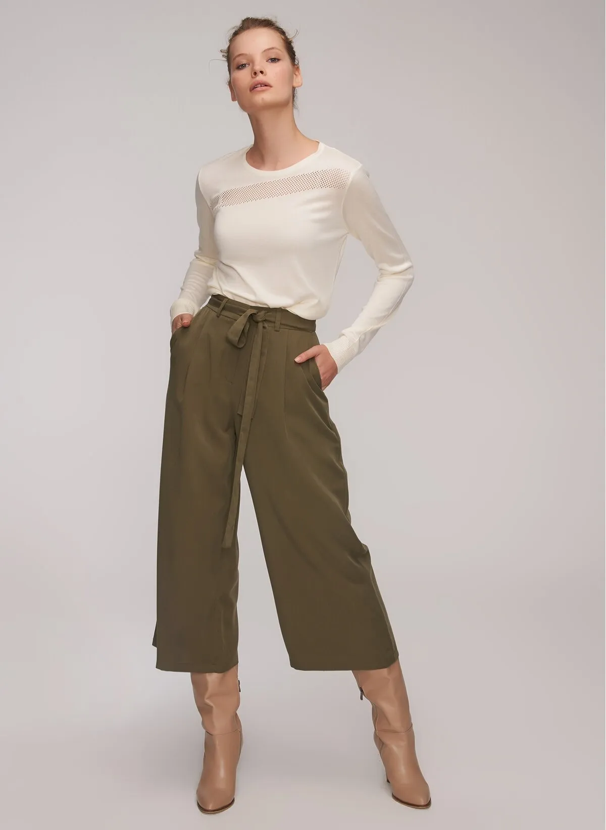 13809 Khaki Tencel Culotte Pants