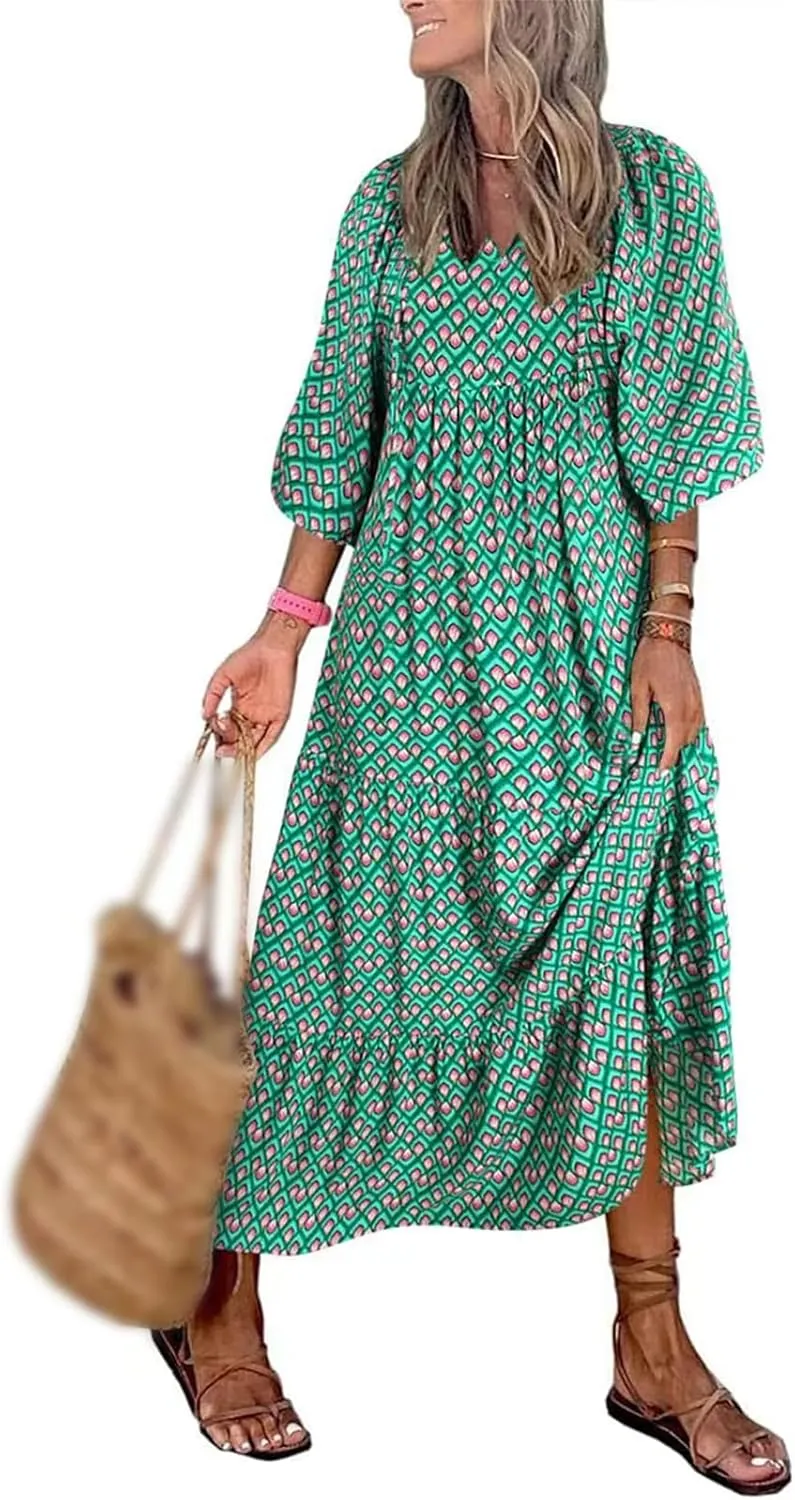 Boho Maxi Dresses for Women Summer Loose V Neck Puff Short Sleeve Dress Casual Flowy Floral Tiered Beach Sundress