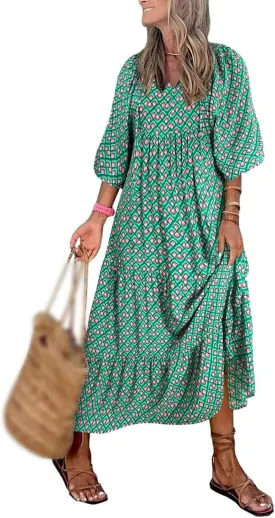 Boho Maxi Dresses for Women Summer Loose V Neck Puff Short Sleeve Dress Casual Flowy Floral Tiered Beach Sundress