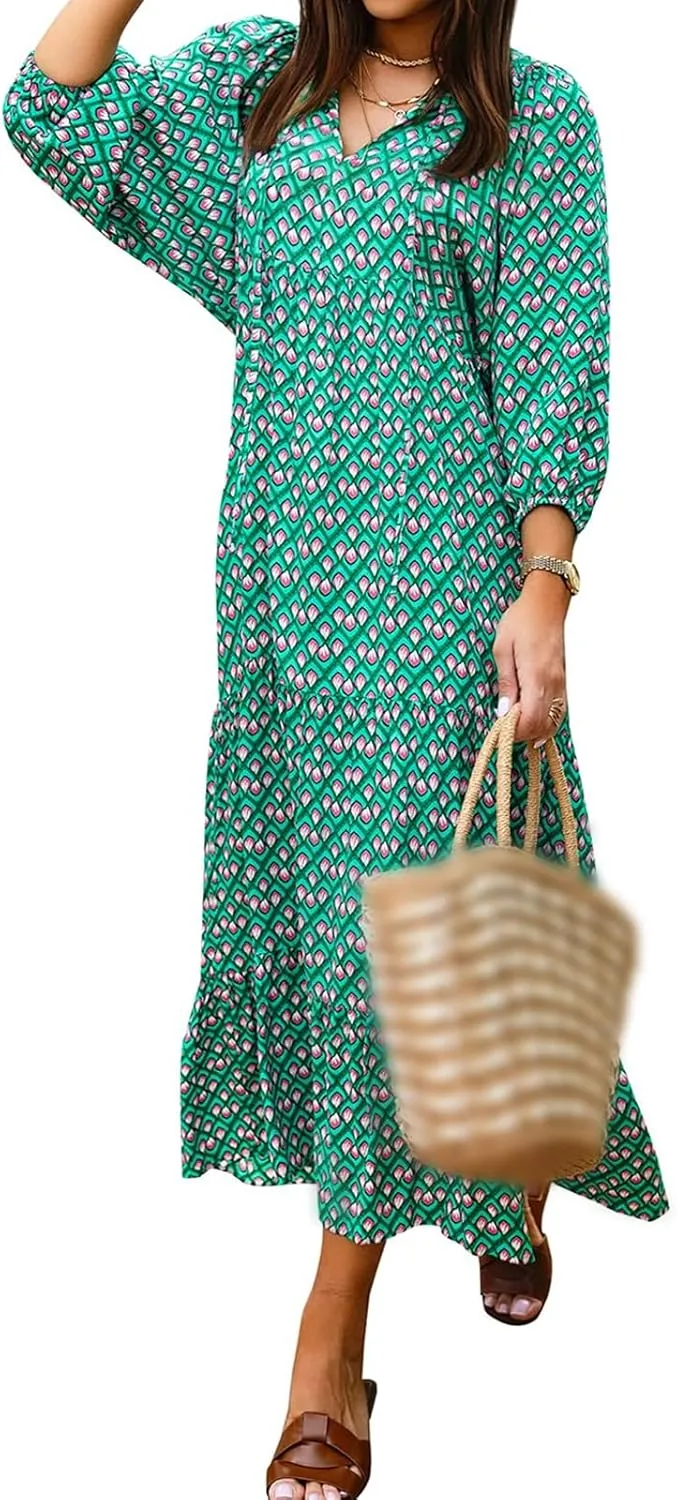 Boho Maxi Dresses for Women Summer Loose V Neck Puff Short Sleeve Dress Casual Flowy Floral Tiered Beach Sundress
