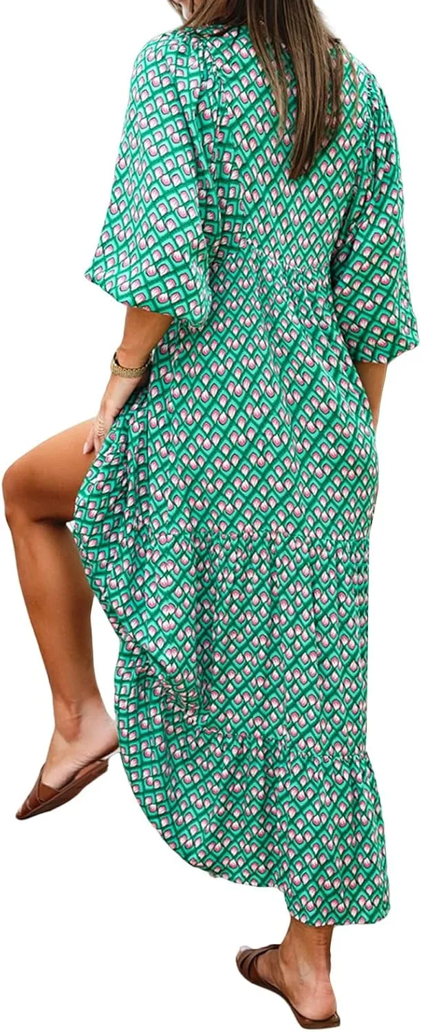 Boho Maxi Dresses for Women Summer Loose V Neck Puff Short Sleeve Dress Casual Flowy Floral Tiered Beach Sundress