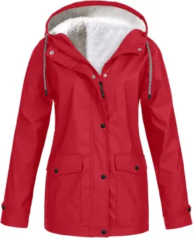 BOXIACEY Womens Waterproof Rain Jacket Fleece Lined Rain Coats Lightweight Rain Jacket Hooded Windbreaker Jackets