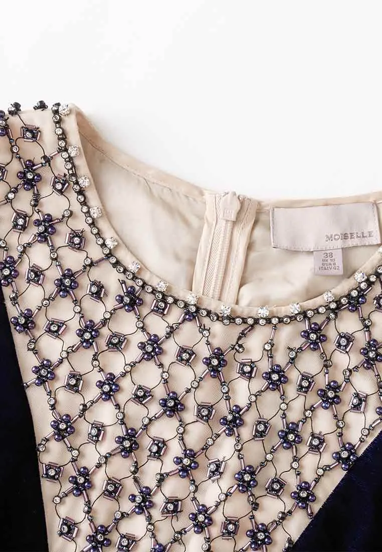 Crystal and Bead Embellished Sleeveless Velvet Dress
