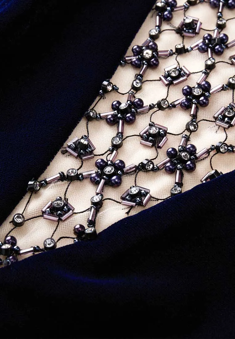 Crystal and Bead Embellished Sleeveless Velvet Dress