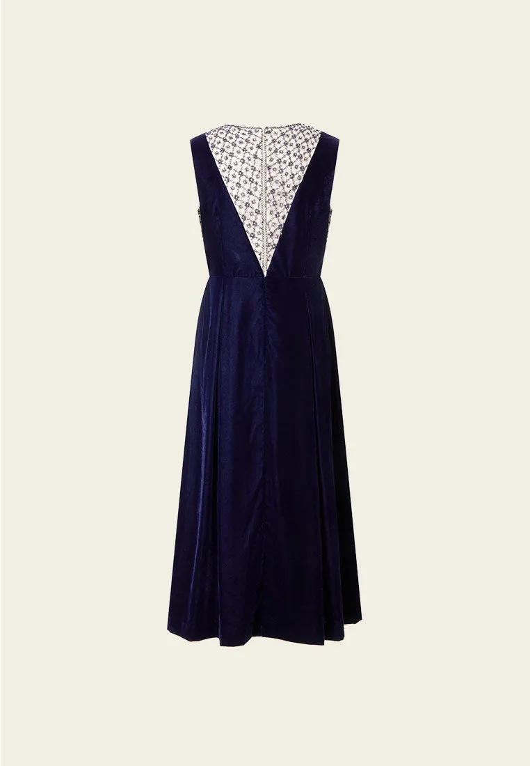 Crystal and Bead Embellished Sleeveless Velvet Dress