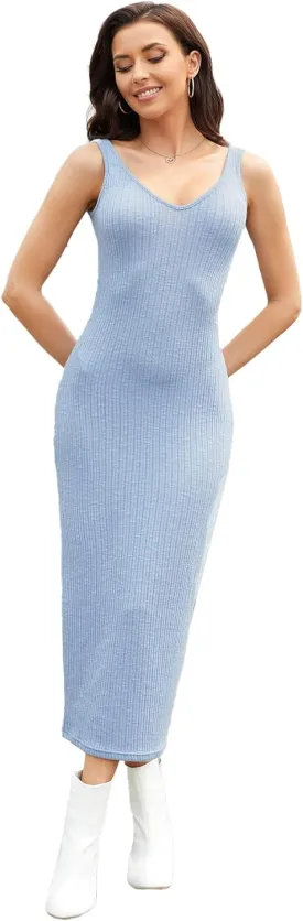 Floerns Women's Sexy Bodycon Tank Dress Ribbed Knit V Neck Sleeveless Midi Club Party Dresses