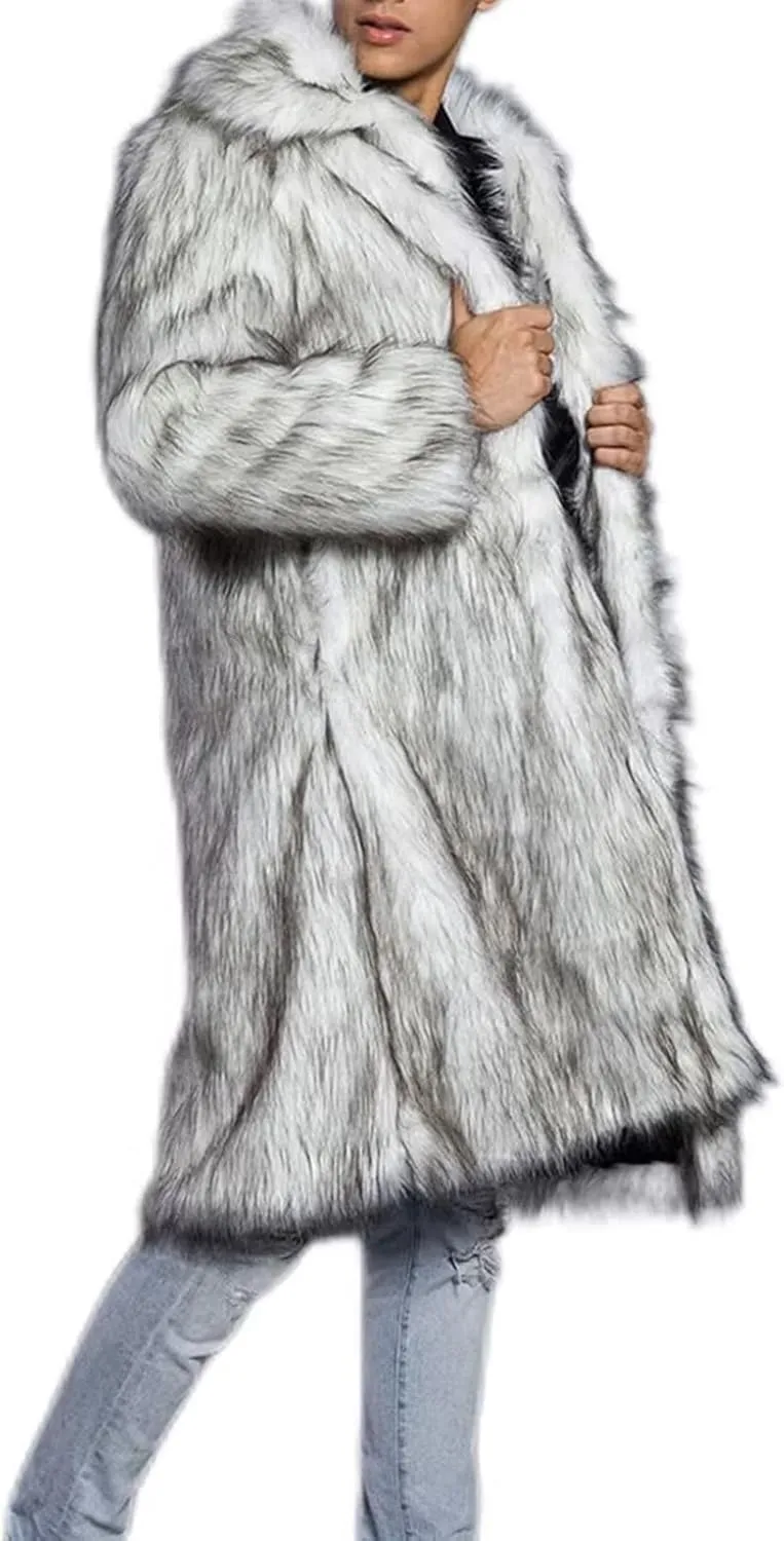 Men's Faux Fur Coat Winter Long Faux Fur Fluffy Cardigan Jacket Overcoat Warm Thick Soft Open Front Jacket Outerwear