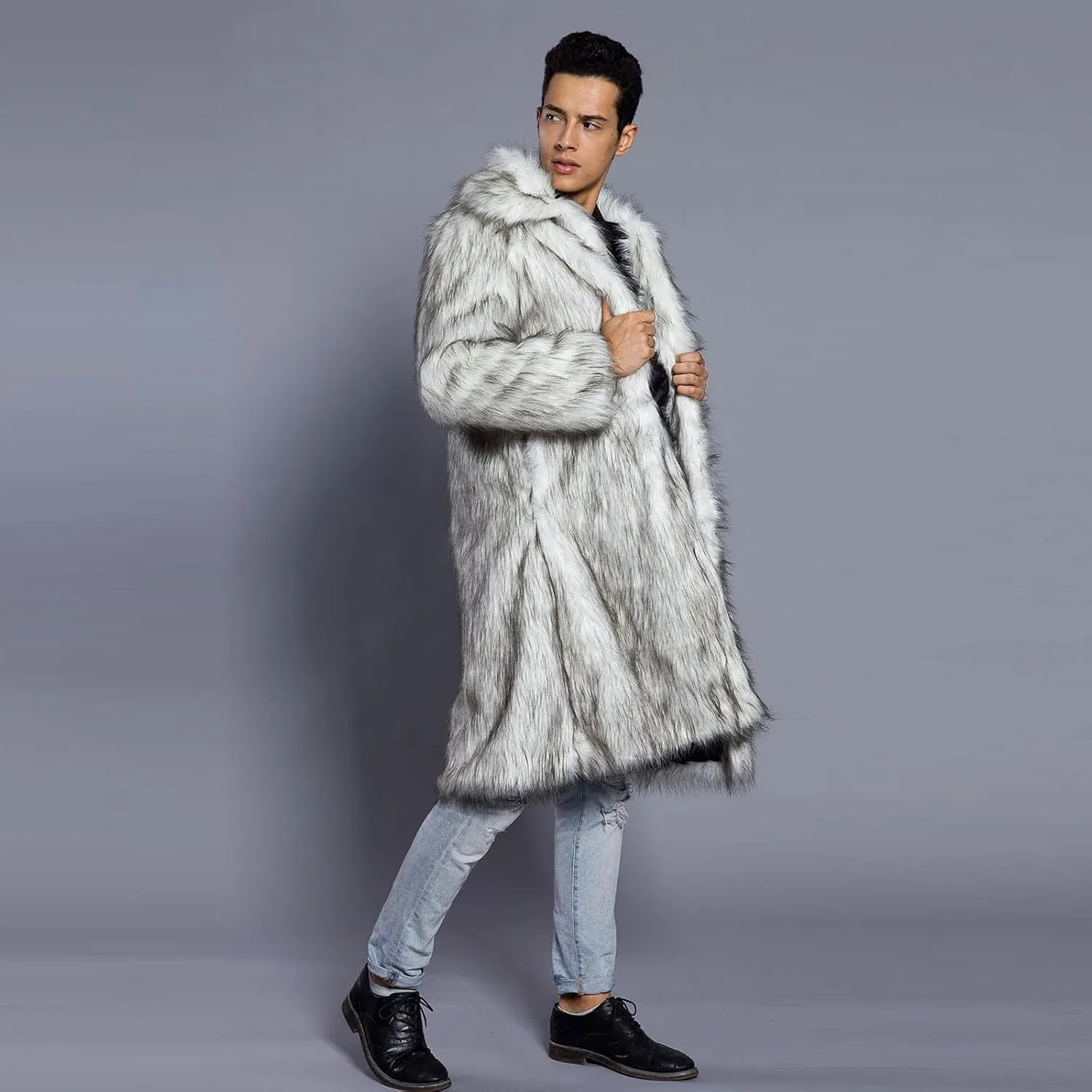 Men's Faux Fur Coat Winter Long Faux Fur Fluffy Cardigan Jacket Overcoat Warm Thick Soft Open Front Jacket Outerwear