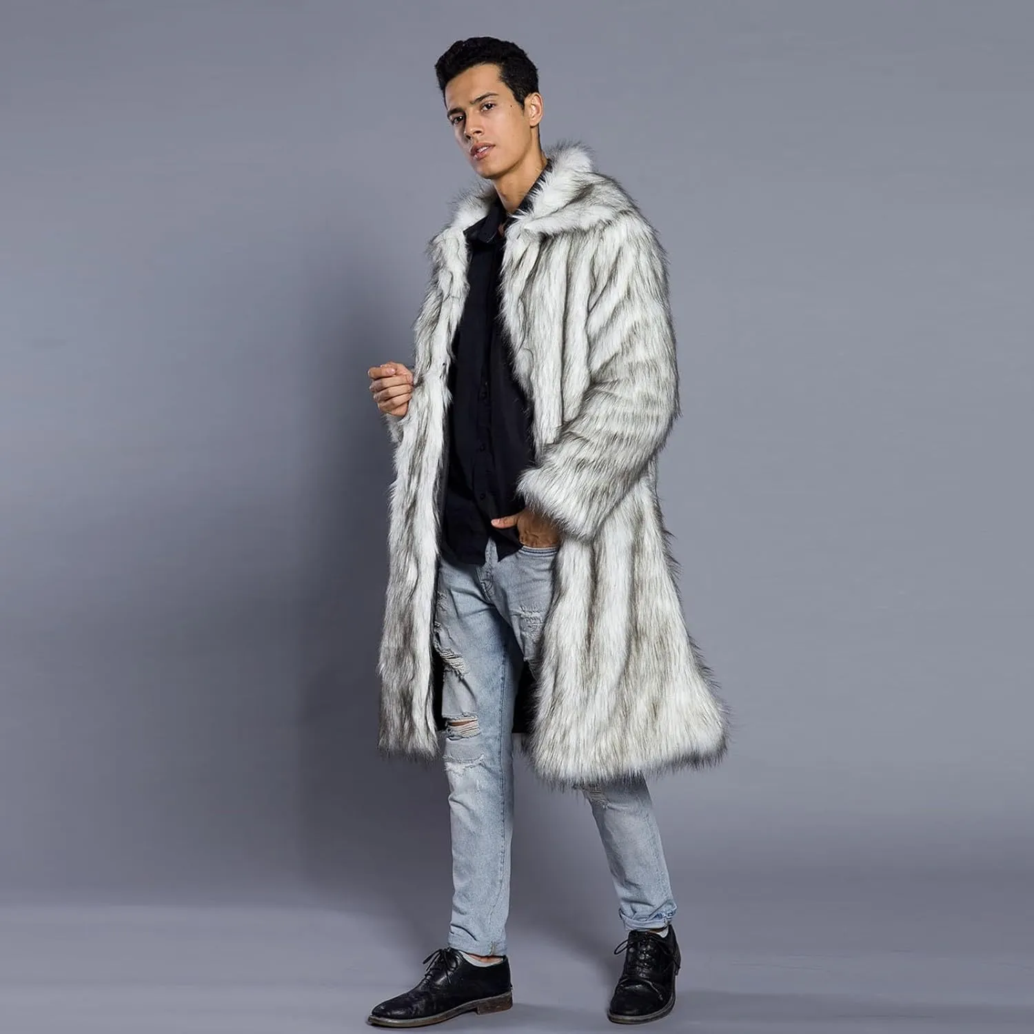 Men's Faux Fur Coat Winter Long Faux Fur Fluffy Cardigan Jacket Overcoat Warm Thick Soft Open Front Jacket Outerwear