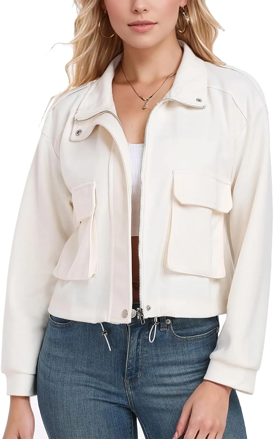 MISS MOLY Women Cropped Shacket Jacket Zip Up Military Casual Bomber Jacket Oversized Utility Anorak Coat with Pockets