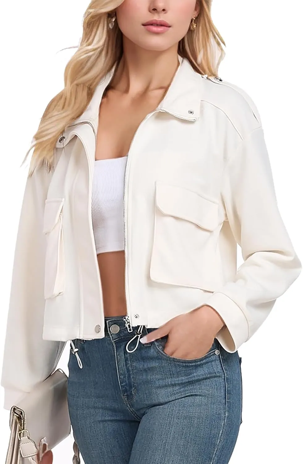 MISS MOLY Women Cropped Shacket Jacket Zip Up Military Casual Bomber Jacket Oversized Utility Anorak Coat with Pockets