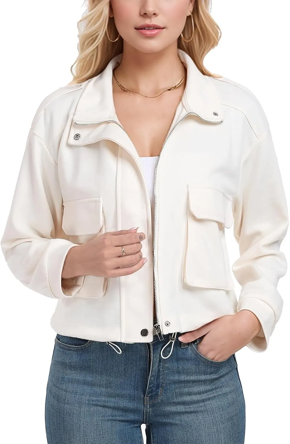 MISS MOLY Women Cropped Shacket Jacket Zip Up Military Casual Bomber Jacket Oversized Utility Anorak Coat with Pockets