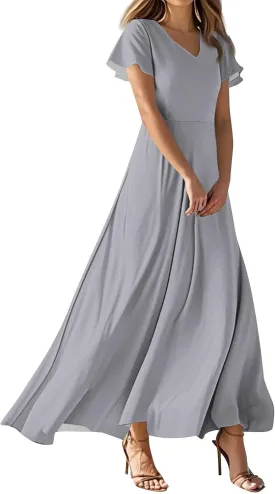 NBXNZWF Summer Dresses for Women 2025 Ruffle Short Sleeve V Neck Maxi Dress Flowy Beach Vacation Casual Dresses