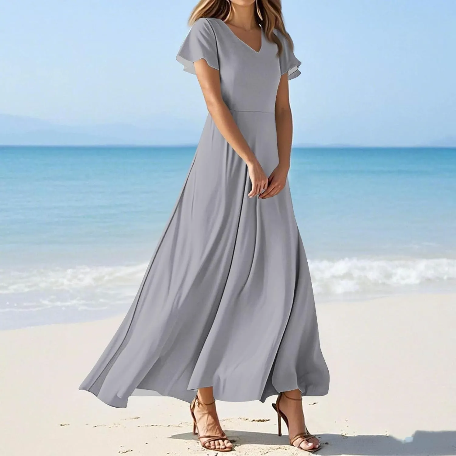 NBXNZWF Summer Dresses for Women 2025 Ruffle Short Sleeve V Neck Maxi Dress Flowy Beach Vacation Casual Dresses