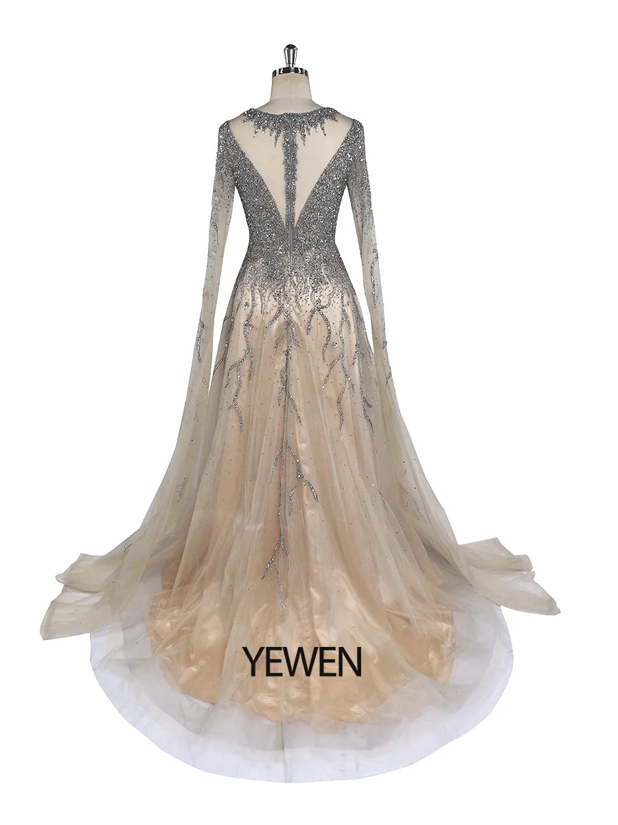 Nude Arabic Luxury Cape Sleeves Evening Dresses Gowns A-Line Beaded Sexy 2024 YEWEN