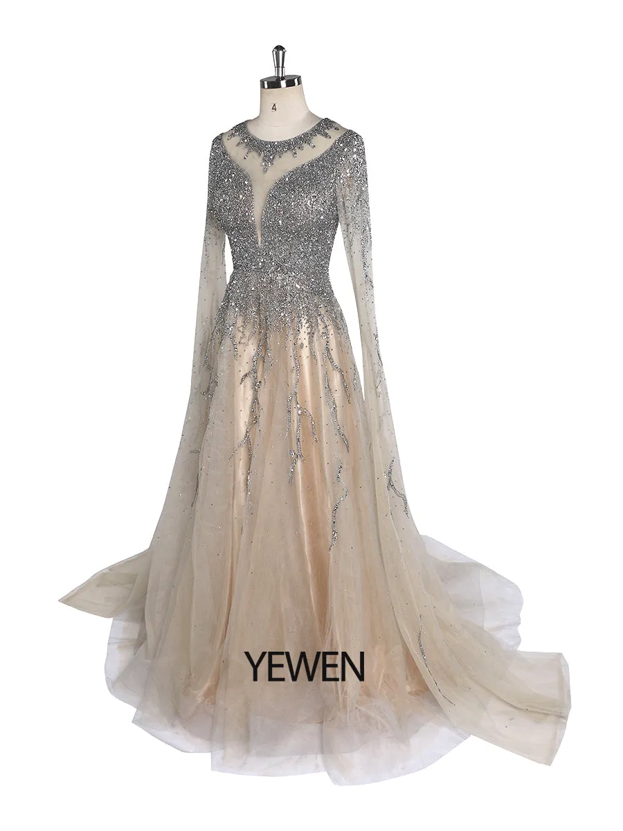 Nude Arabic Luxury Cape Sleeves Evening Dresses Gowns A-Line Beaded Sexy 2024 YEWEN