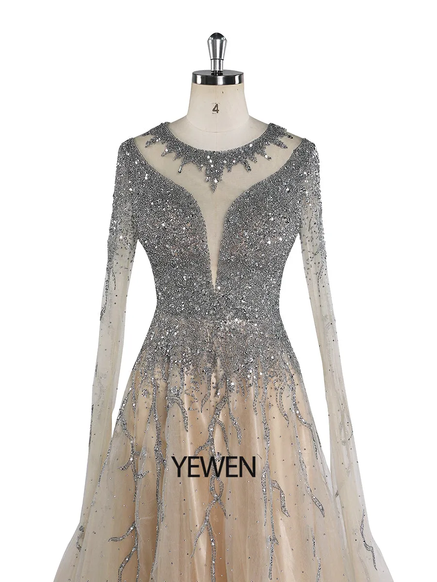 Nude Arabic Luxury Cape Sleeves Evening Dresses Gowns A-Line Beaded Sexy 2024 YEWEN