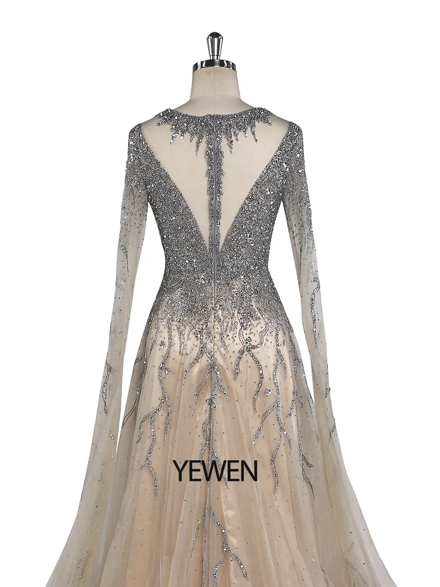Nude Arabic Luxury Cape Sleeves Evening Dresses Gowns A-Line Beaded Sexy 2024 YEWEN