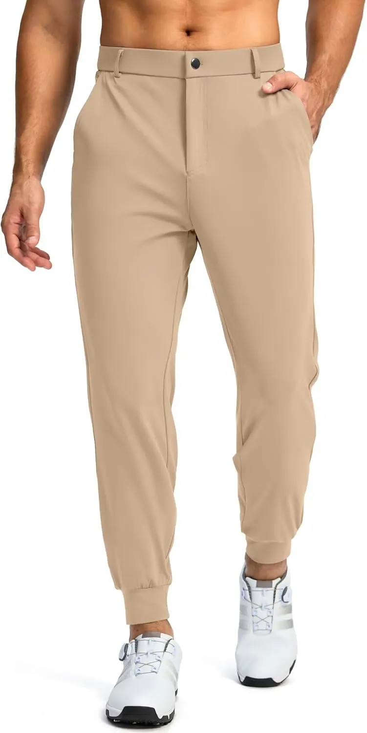 Pudolla Mens Golf Joggers Pants with 3 Pockets Slim Fit Stretch Sweatpants Running Travel Dress Work Pants(Light Khaki M
