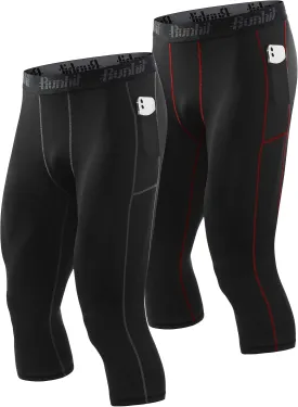 Runhit 3/4 Men's Compression Pants with Pockets,Workout Athletic Tights Leggings Athletic Base Layer Underwear