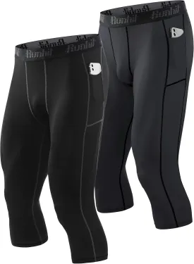 Runhit 3/4 Men's Compression Pants with Pockets,Workout Athletic Tights Leggings Athletic Base Layer Underwear