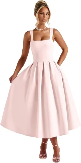 Satin Midi Prom Dresses for Women 2025 Pleated A Line Sleeveless Formal Evening Gowns with Pockets