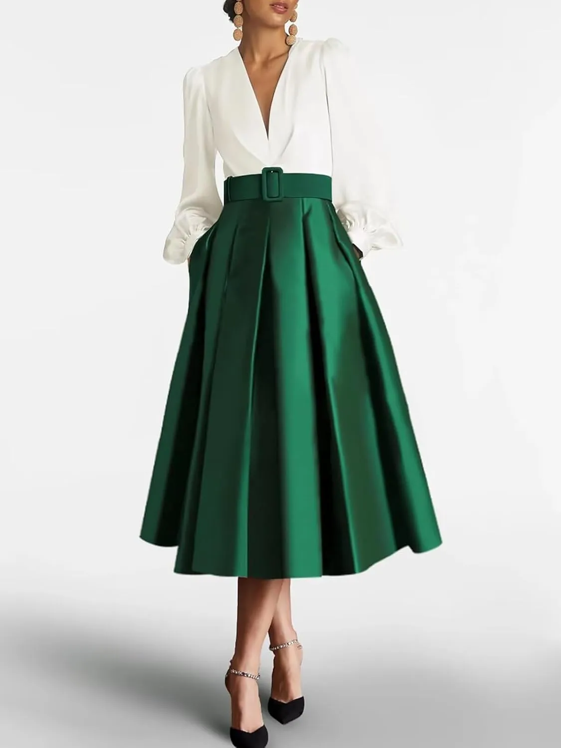 Satin Tea Length Prom Dresses for Women Long Sleeves Elegant Evening Gown A Line Wedding Guest Dress with Pocktes