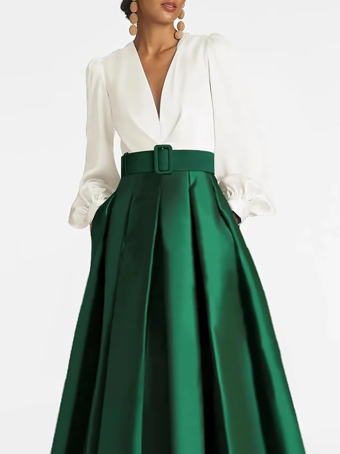 Satin Tea Length Prom Dresses for Women Long Sleeves Elegant Evening Gown A Line Wedding Guest Dress with Pocktes