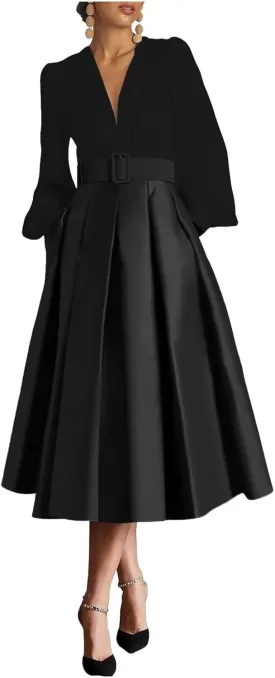 Satin Tea Length Prom Dresses for Women Long Sleeves Elegant Evening Gown A Line Wedding Guest Dress with Pocktes