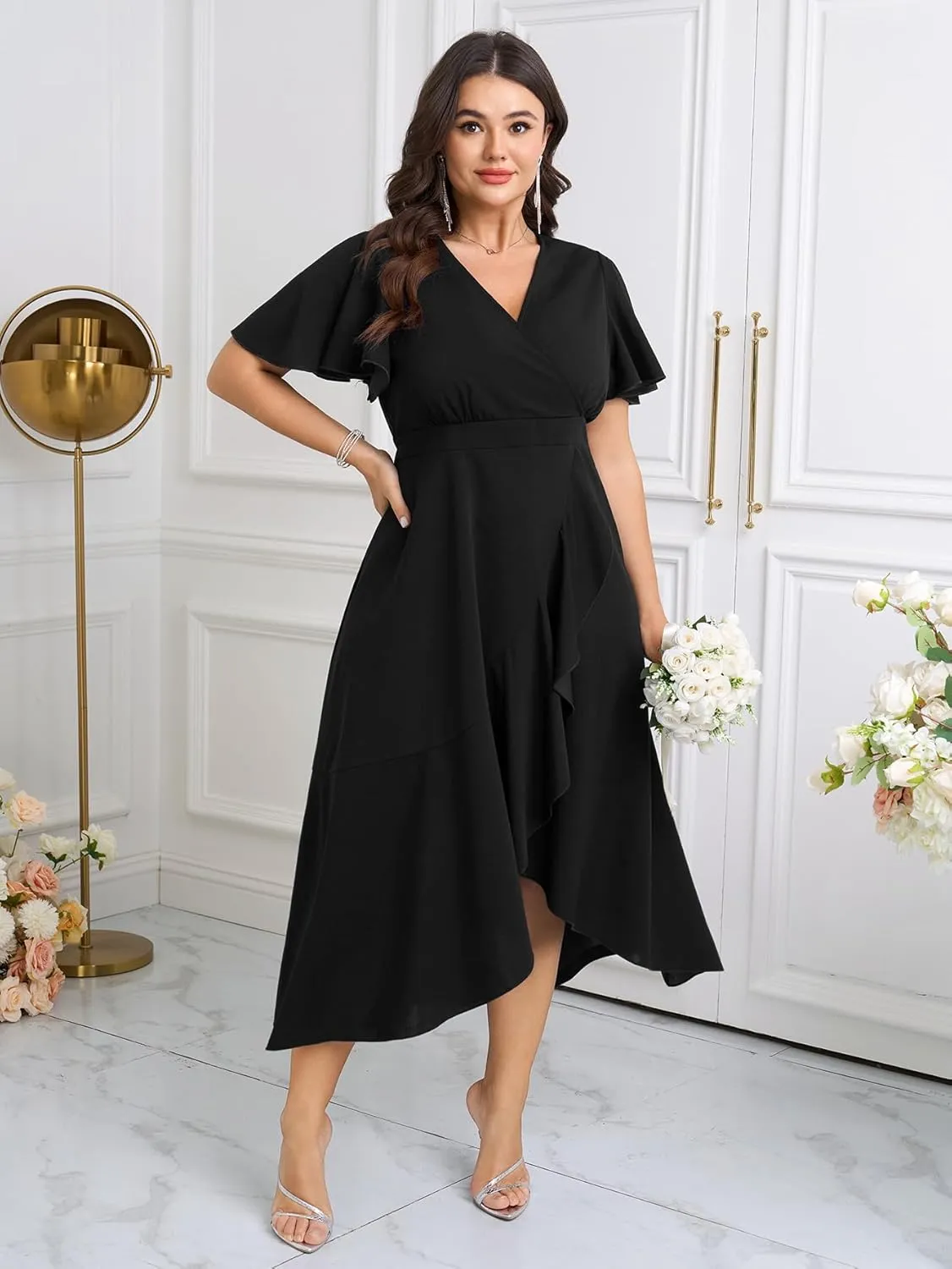SCOMCHIC Plus Size Formal Dresses for Women Wedding Guest V Neck Wrap Ruffle Split Cocktail Party Evening Gowns Dress