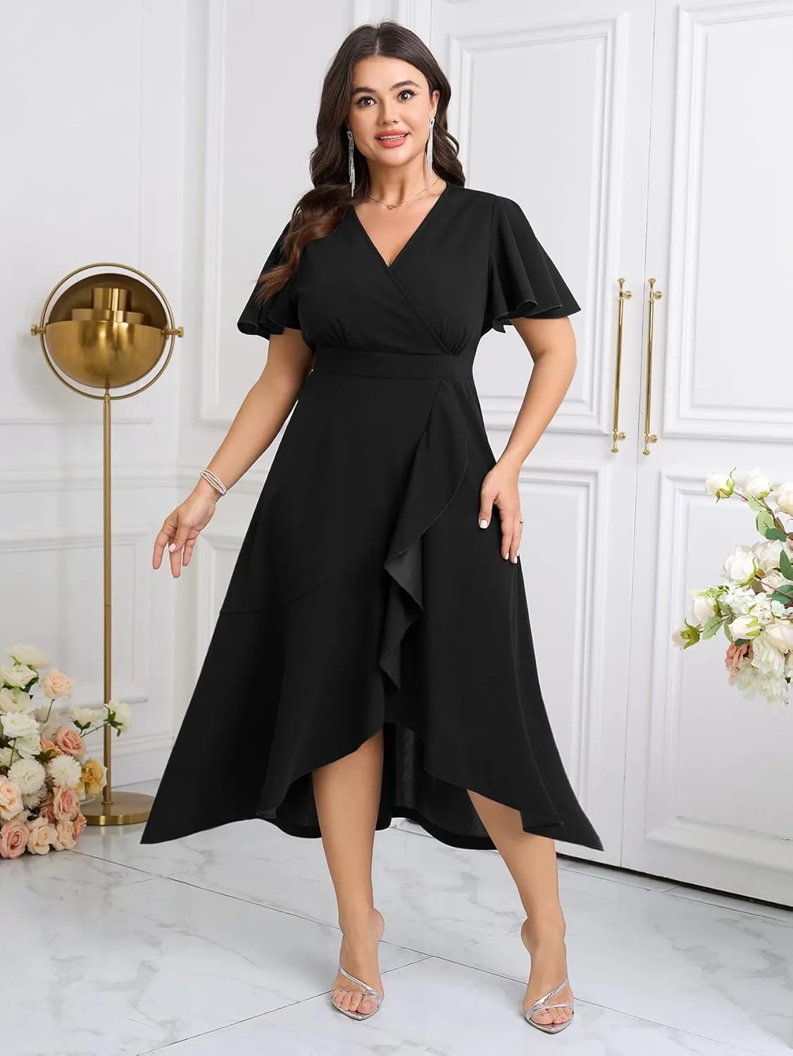 SCOMCHIC Plus Size Formal Dresses for Women Wedding Guest V Neck Wrap Ruffle Split Cocktail Party Evening Gowns Dress
