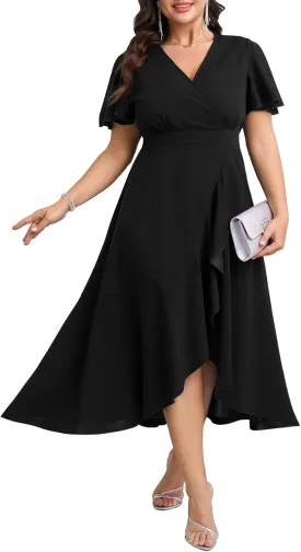 SCOMCHIC Plus Size Formal Dresses for Women Wedding Guest V Neck Wrap Ruffle Split Cocktail Party Evening Gowns Dress
