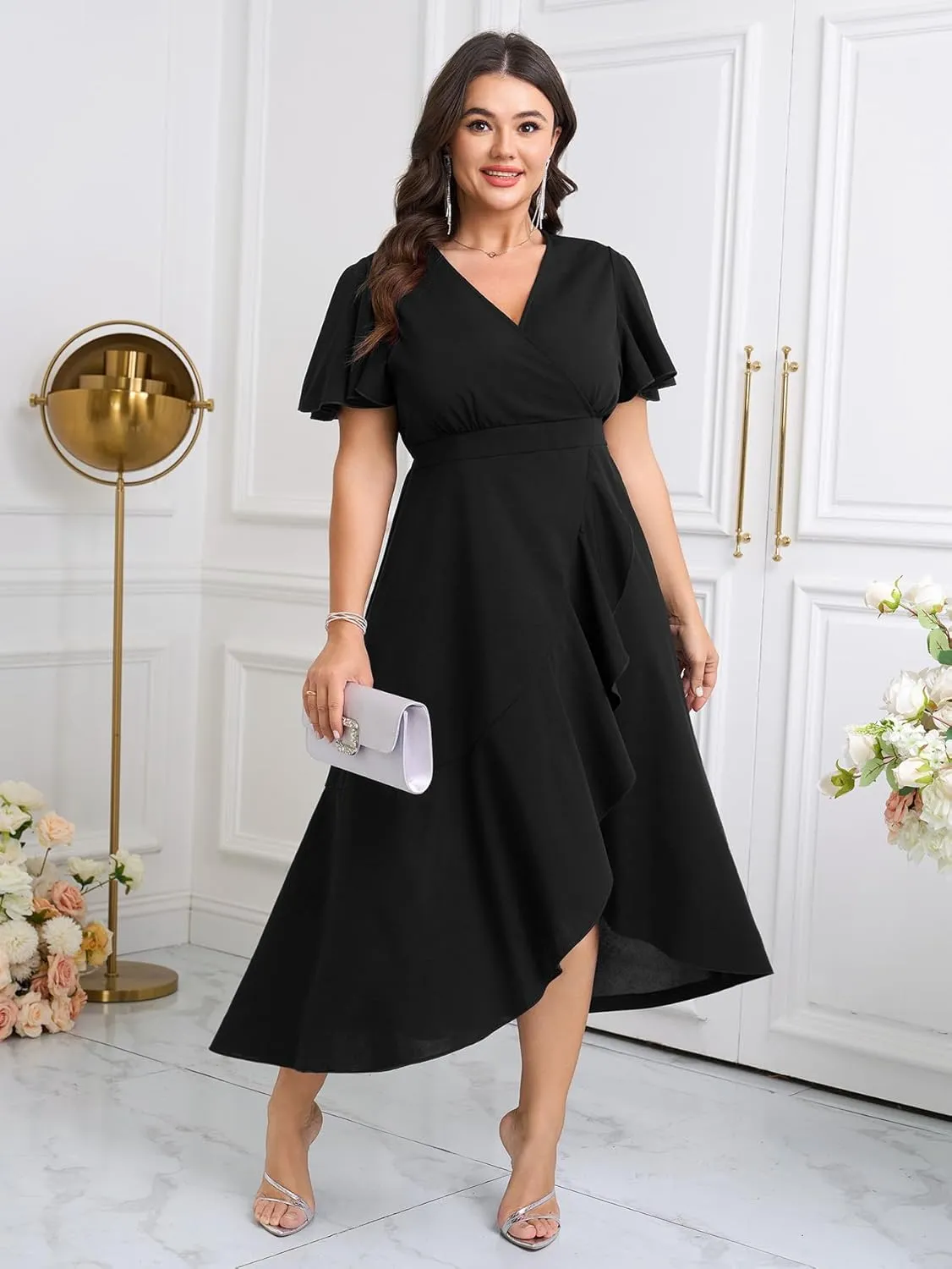 SCOMCHIC Plus Size Formal Dresses for Women Wedding Guest V Neck Wrap Ruffle Split Cocktail Party Evening Gowns Dress