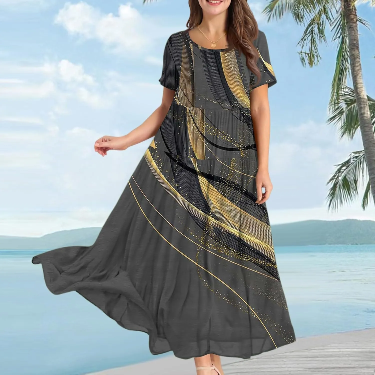 Summer Dresses for Women 2025 Sundress Loose Short Sleeve Print Maxi Dresses Casual Boho Vacation Travel Dress