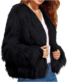 TANGNADE Faux Fur Jacket Women Cropped Plus Size Long Sleeve Open Front Winter Fleece Coat Jacket Shaggy Warm Outwear