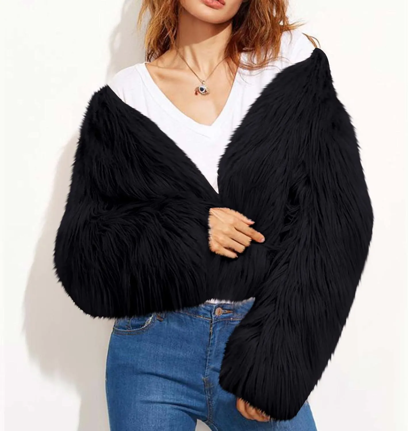 TANGNADE Faux Fur Jacket Women Cropped Plus Size Long Sleeve Open Front Winter Fleece Coat Jacket Shaggy Warm Outwear