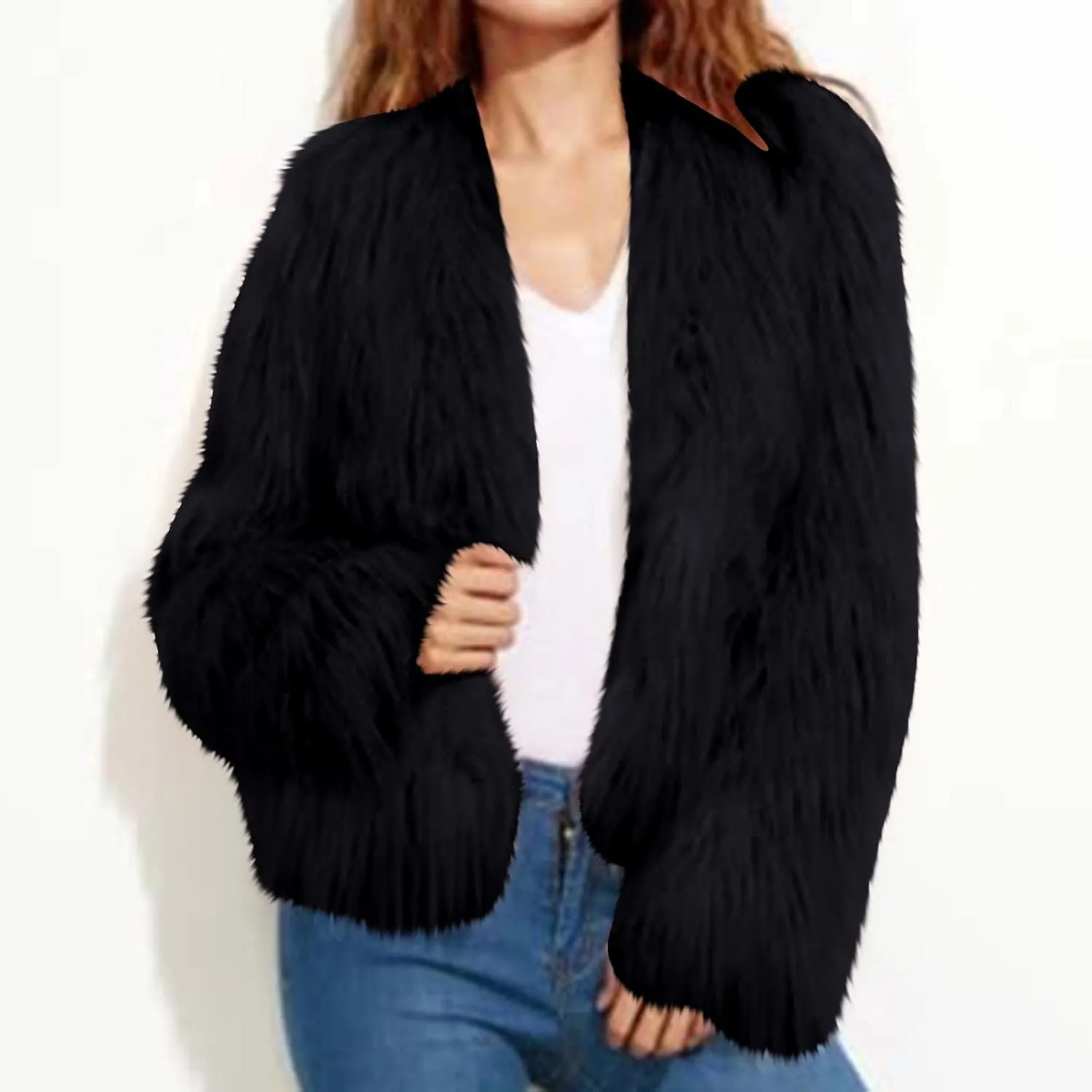 TANGNADE Faux Fur Jacket Women Cropped Plus Size Long Sleeve Open Front Winter Fleece Coat Jacket Shaggy Warm Outwear