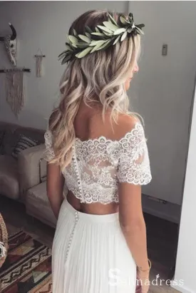 Two Piece Wedding Dresses Off-the-shoulder Short Sleeve Lace Wedding Gown SEW035