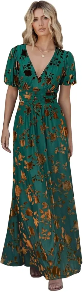 Velvet Dress for Women Burnout Floral Maxi Dress V Neck Puffy Sleeve Formal Evening Party Gowns