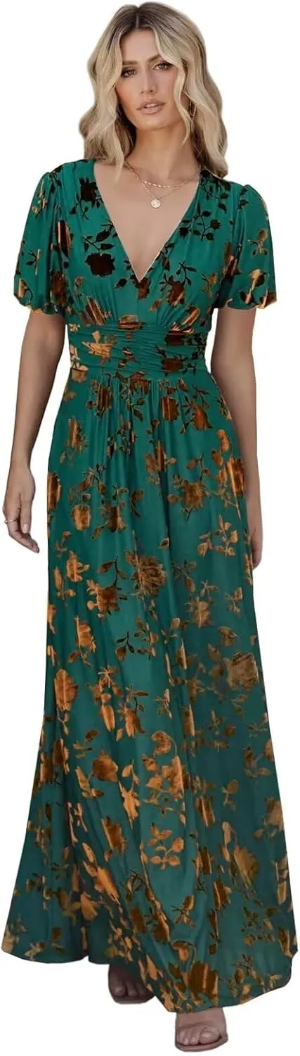 Velvet Dress for Women Burnout Floral Maxi Dress V Neck Puffy Sleeve Formal Evening Party Gowns