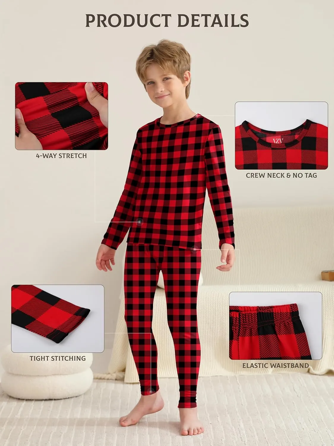 VZV Kids Thermal Underwear Set, Boys Underwear Thermals Set, Fleece Lined Base Layers Top Bottom for Skiing Cold Weather