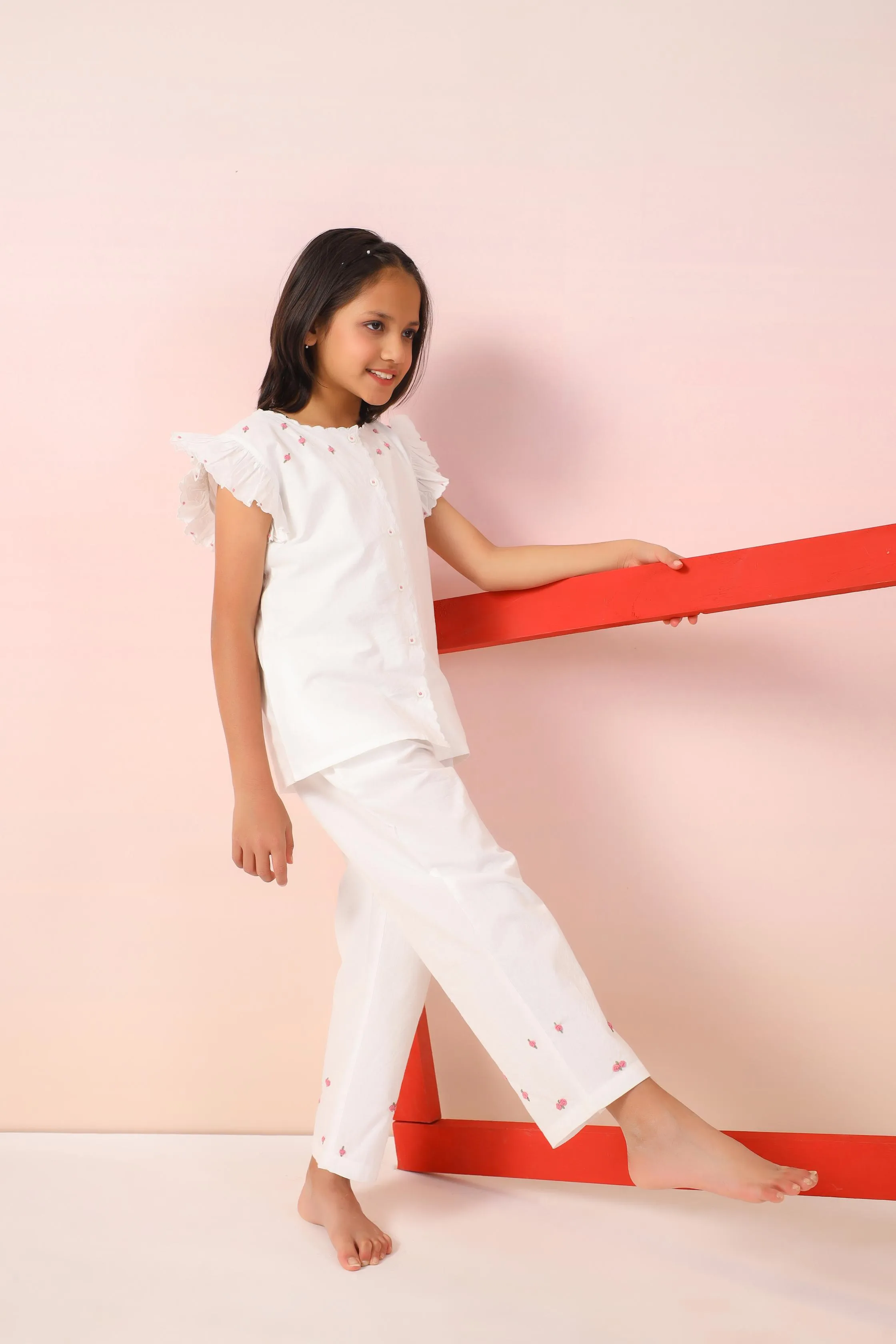 White Pink Embroidery PJ Set