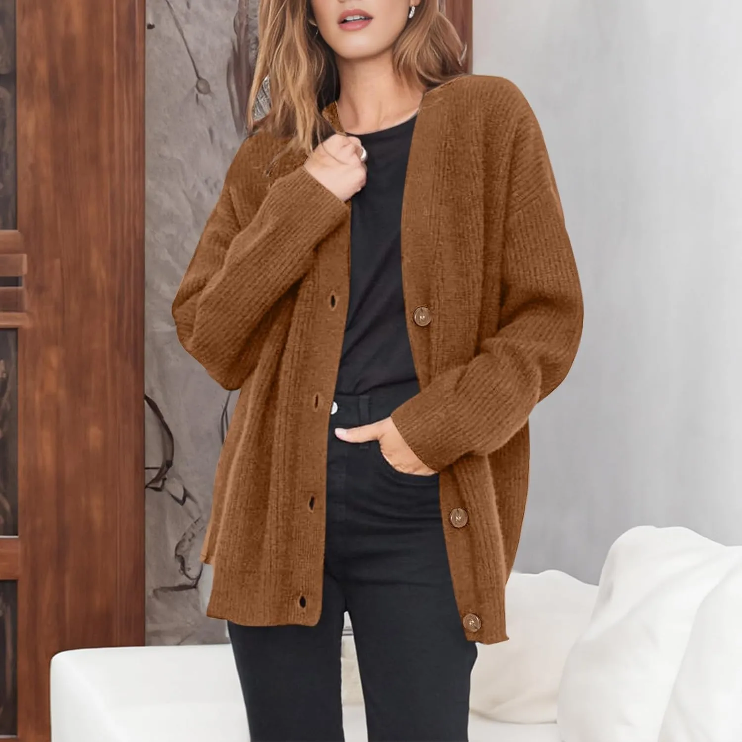 Women Cashmere Cocoon Cardigan Open Front Oversized Button Down Chunky Cardigan V Neck Cardigans Sweaters Knit Coat