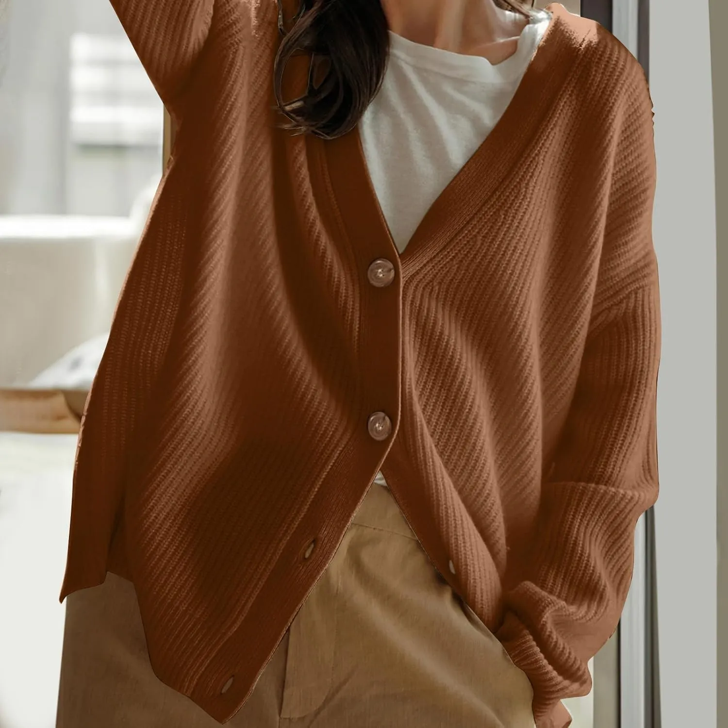 Women Cashmere Cocoon Cardigan Open Front Oversized Button Down Chunky Cardigan V Neck Cardigans Sweaters Knit Coat