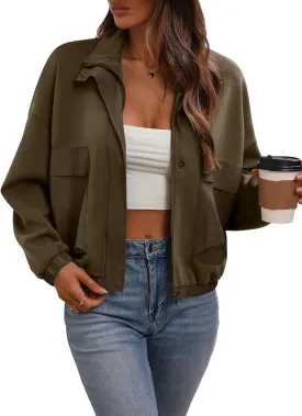 Women's Cropped Oversized Safari Jackets Zip Up Stand Collar Neck Long Sleeve Utility Anorak jacket with Pocket