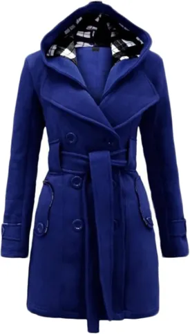 Women's Double Breasted Pea Coat Hooded Long Winter Trench Coat Belted Sexy Fashion Coat