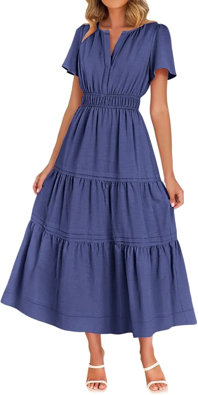Women's Midi Dresses 2025 Summer Casual Short Sleeve V Neck Elastic Waist Elegant Boho Flowy Long Dress with Pocket